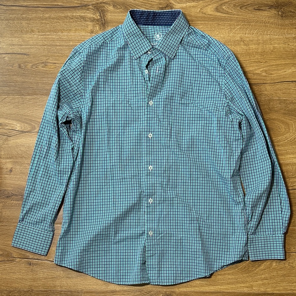 Bugatchi Men's Green and Navy Checkered Shirt Neck 17.5 Sleeve 34/35